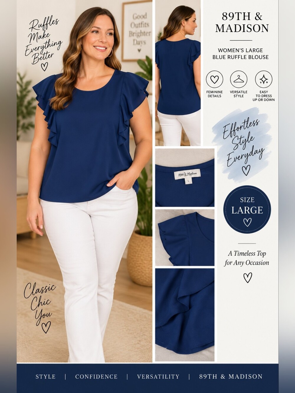 89th madison women's large blue ruffle blouse #30